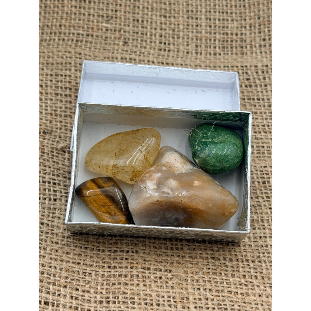 4pc Tumbled Polished Stones Set Agate Tigers Eye Aventurine Quartz with Box